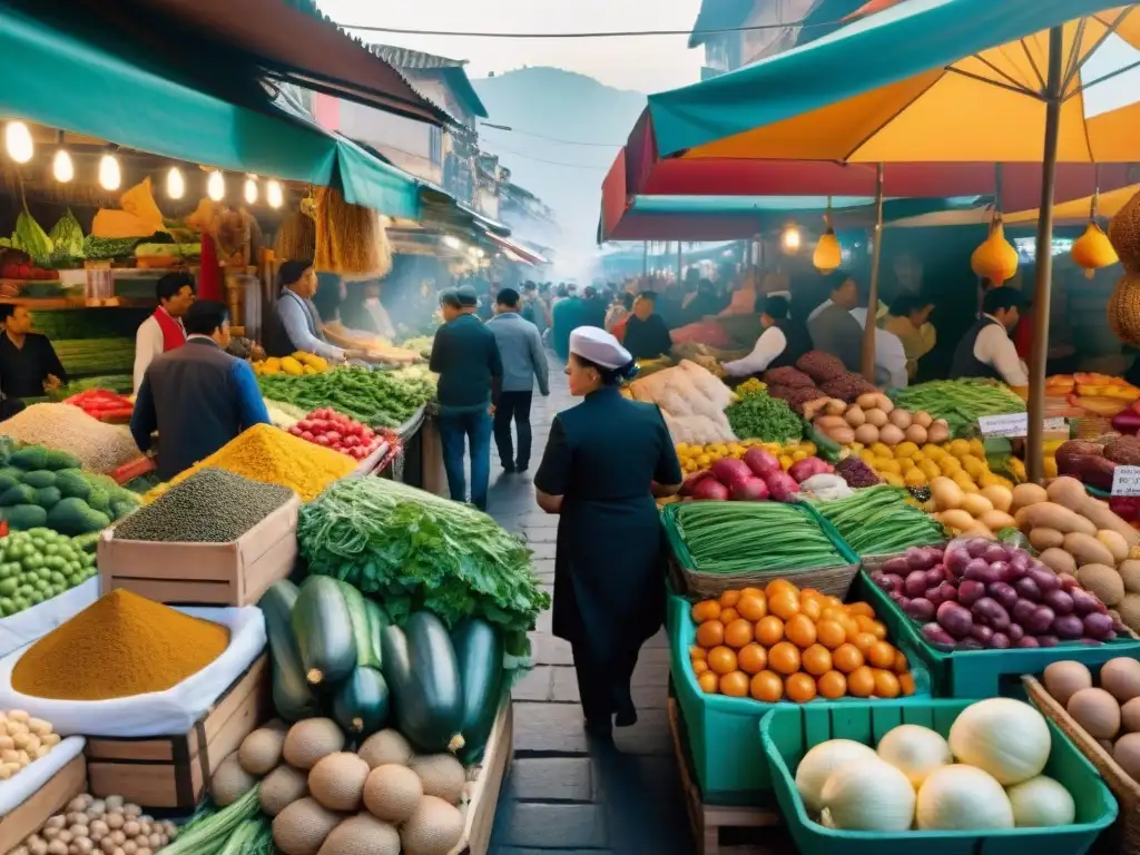 Influencia de la inmigración italiana en la cocina peruana: Un mercado vibrante en Lima donde se fusionan ingredientes y tradiciones culinarias