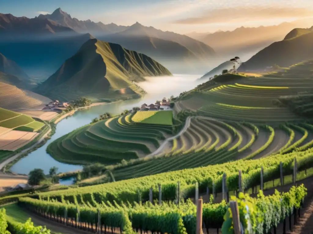 La influencia del Terroir Peruano en vinos: Atardecer sobre viñedos vibrantes y majestuosos Andes de fondo, reflejados en río tranquilo