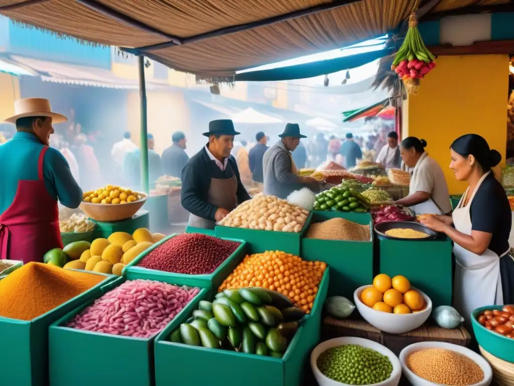 Influencias culinarias en la gastronomía peruana: Mercado de Lima rebosante de colores y sabores, con vendedores locales preparando platillos icónicos