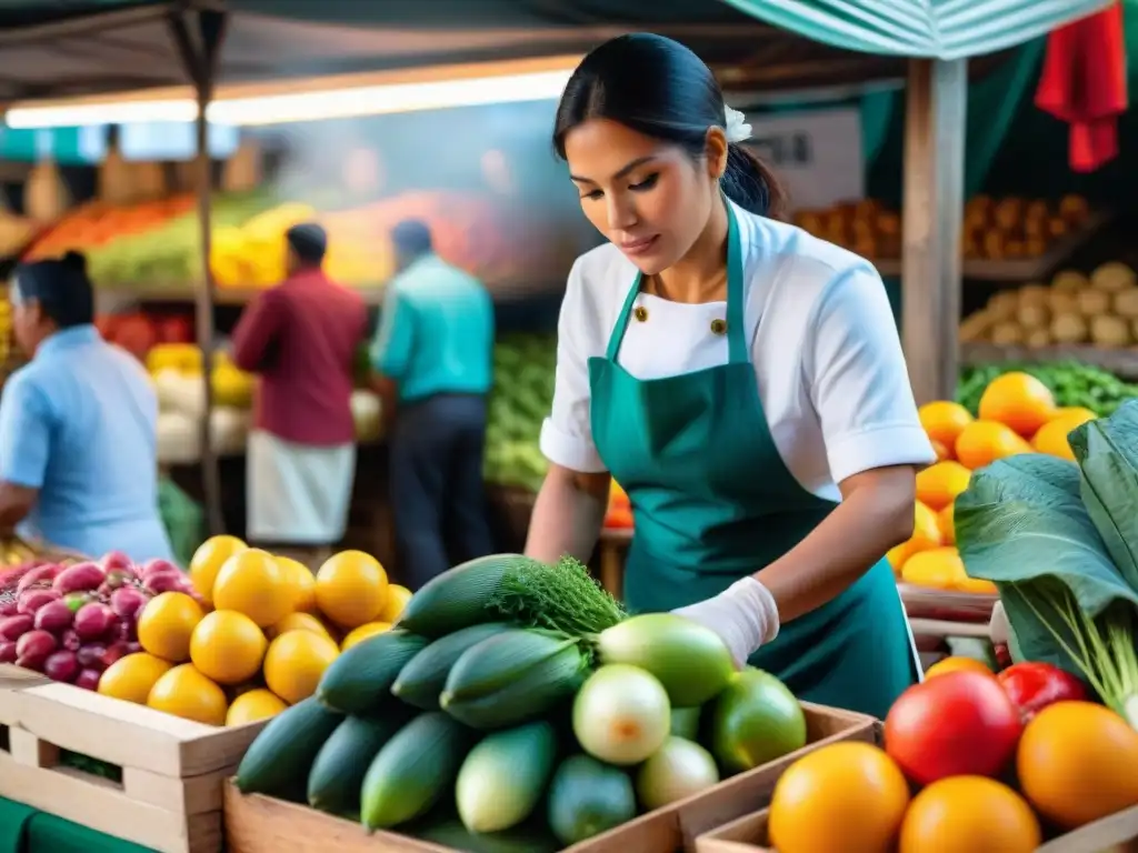 Chef Pía León seleccionando ingredientes autóctonos en mercado peruano, reflejando tradición y expertise culinaria