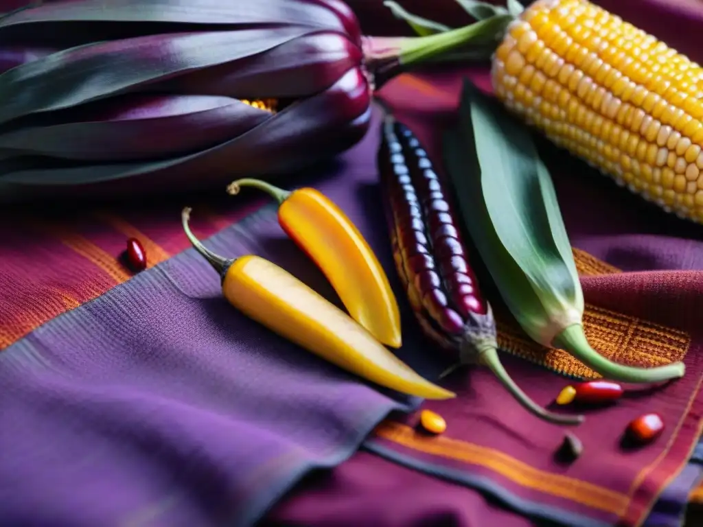 Ingredientes autóctonos en gastronomía peruana: Maíz morado y chiles peruanos vibrantes sobre textil tradicional