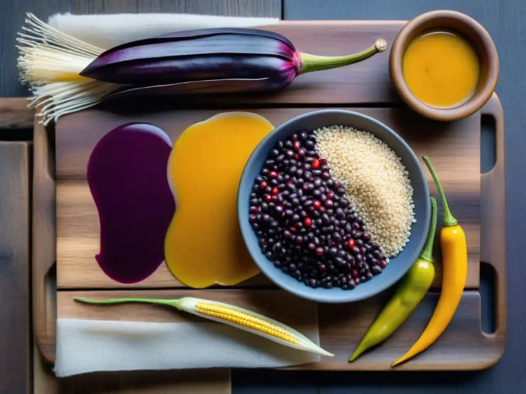 Fotografía de ingredientes autóctonos de la gastronomía peruana en una presentación artística sobre una mesa rústica