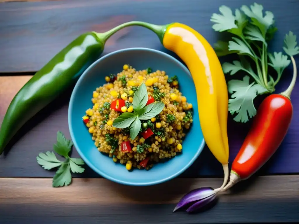 Macrofotografía de ingredientes autóctonos de la gastronomía peruana en vibrantes colores sobre mesa rústica