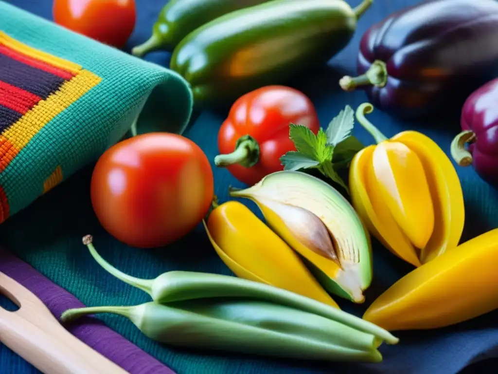 Ingredientes naturales de la cocina peruana: aji amarillo, maíz morado, tomates, aguacates y hierbas sobre textil tradicional