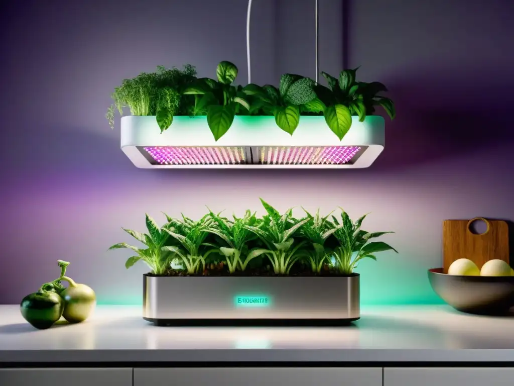 Cultivar ingredientes peruanos en casa: Moderno sistema hidropónico iluminado con LED y vegetales peruanos vibrantes