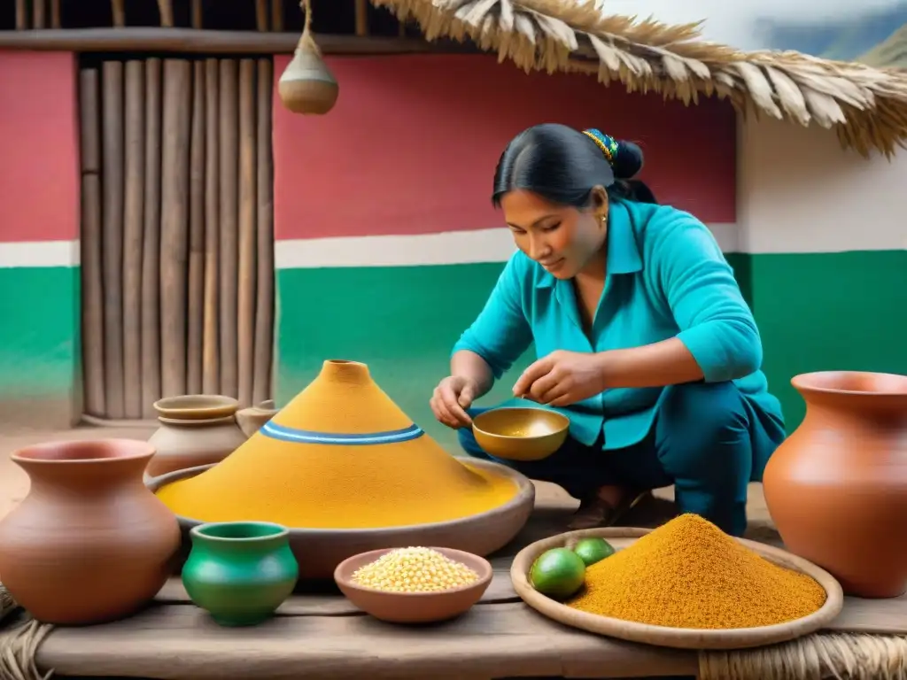 Innovaciones en la chicha peruana: Escena colorida de una chichería tradicional en plena actividad, mostrando el proceso artesanal de producción