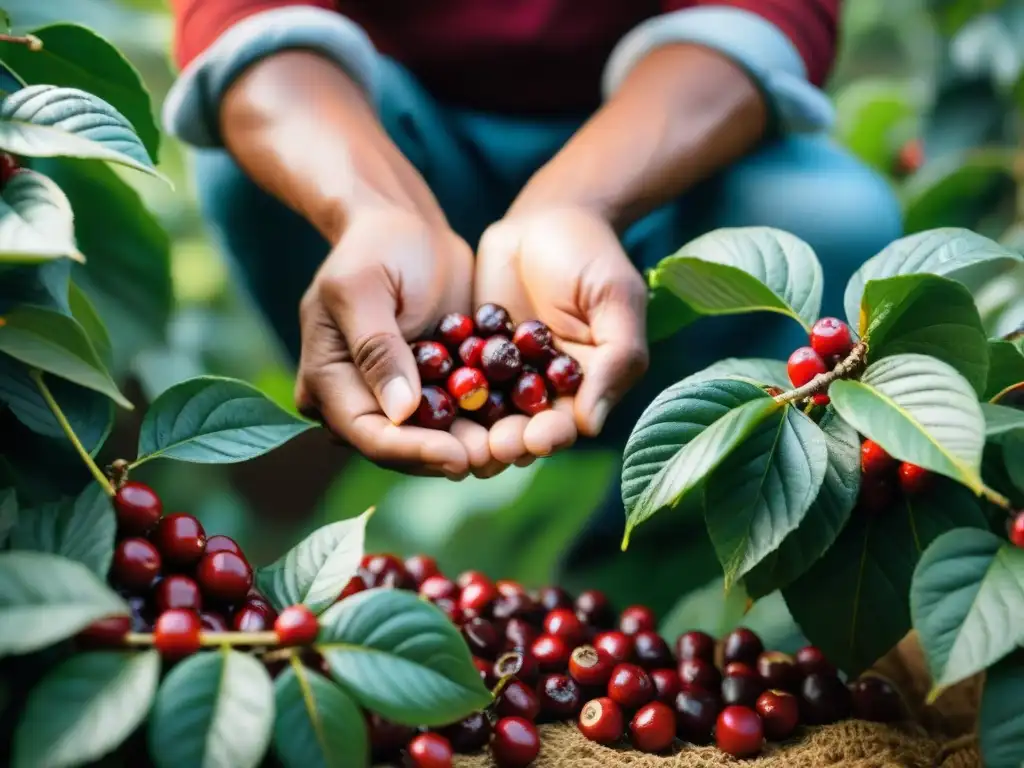 Innovaciones en el cultivo del café peruano: manos expertas recolectando cerezas rojas en una plantación andina soleada