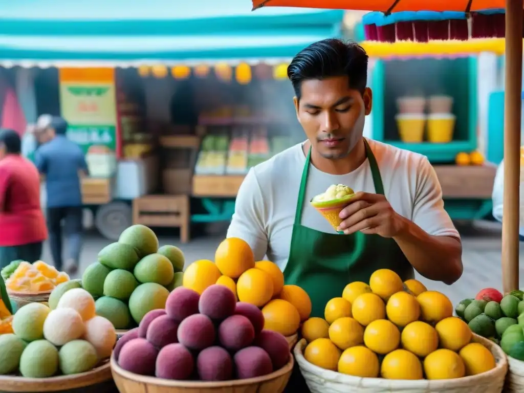 Innovaciones heladas con frutas peruanas en un mercado vibrante lleno de coloridas variedades de frutas exóticas y clientes curiosos