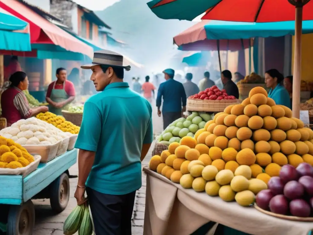 Innovaciones heladas con frutas peruanas en un bullicioso mercado lleno de colores y sabores exóticos