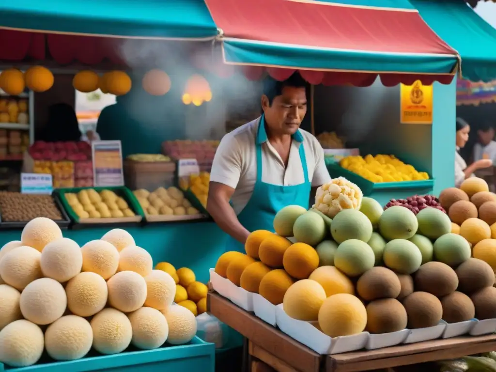 Innovaciones helados frutas exóticas en animado mercado peruano con heladeros y clientes felices
