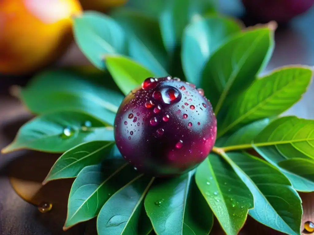 Innovaciones con postres peruanos: Detalle vibrante de un camu camu púrpura rodeado de hojas verdes y gotas de agua