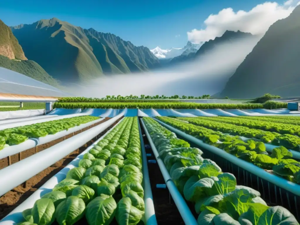 Granja hidropónica en Perú: verduras vibrantes en los Andes Un innovador cultivo hidropónico en Perú destaca los beneficios de cultivos hidropónicos peruanos, con montañas de los Andes al fondo