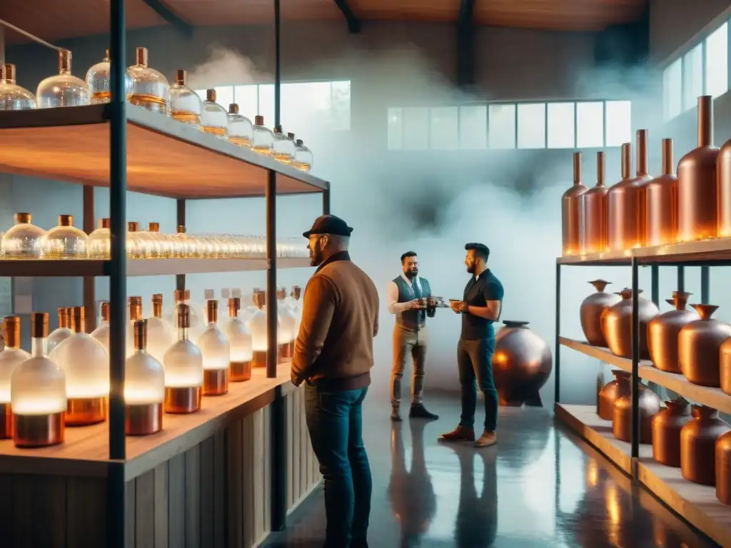 Innovadores detrás piscos autor discuten su destilería moderna llena de botellas premium