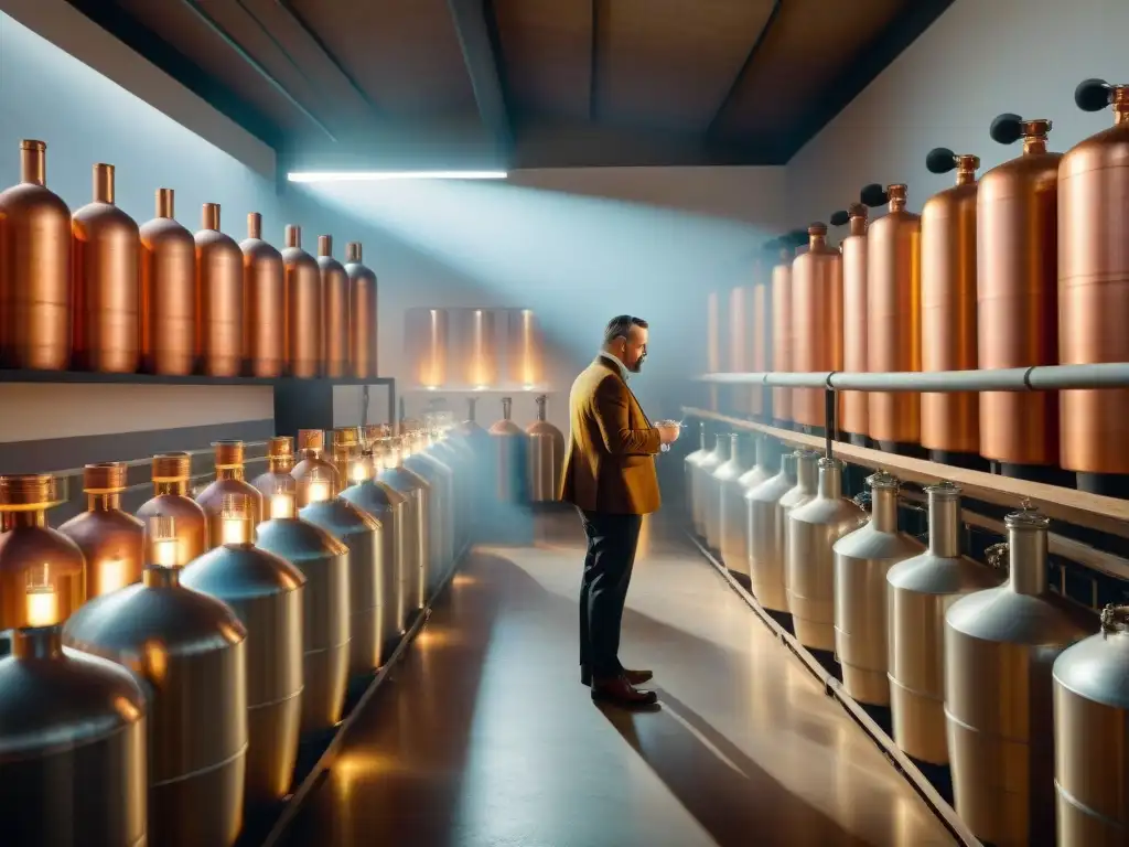 Innovadores detrás piscos autor: Maestros destiladores crean con pasión en moderna destilería, rodeados de botellas únicas