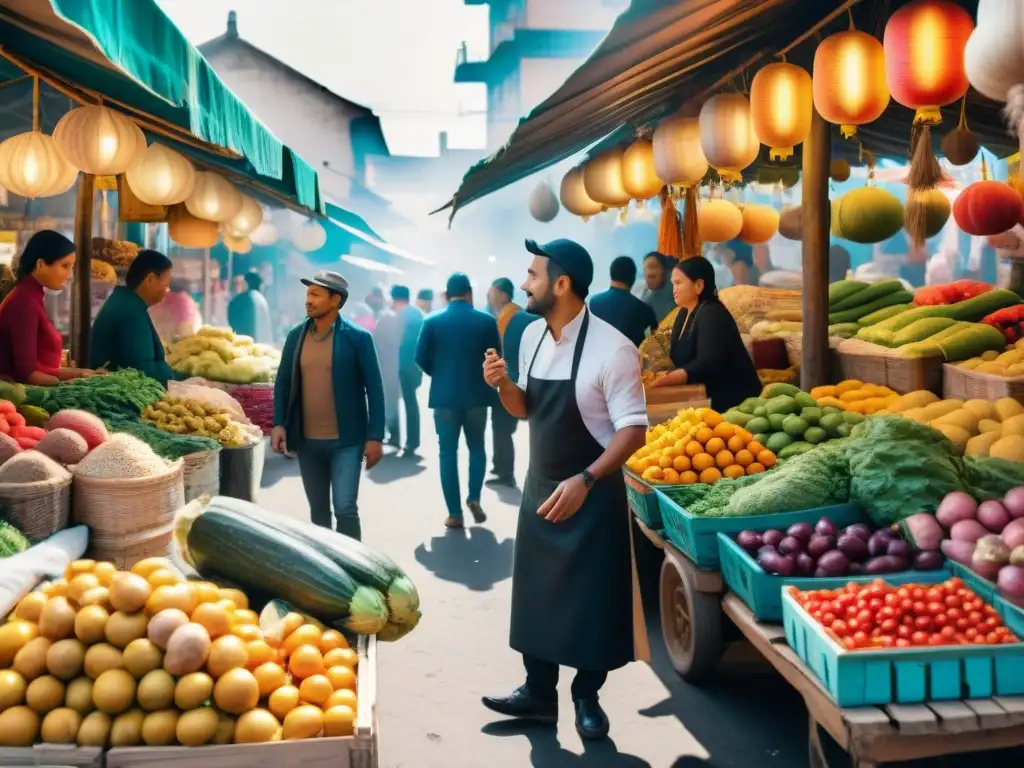 Innovadores startups de alimentos en un bullicioso mercado de Lima, Perú, con colores vibrantes y productos locales