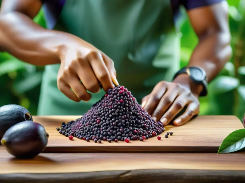 Un instructor en taller corta açaí morado para preparar bebida exótica, rodeado de selva amazónica