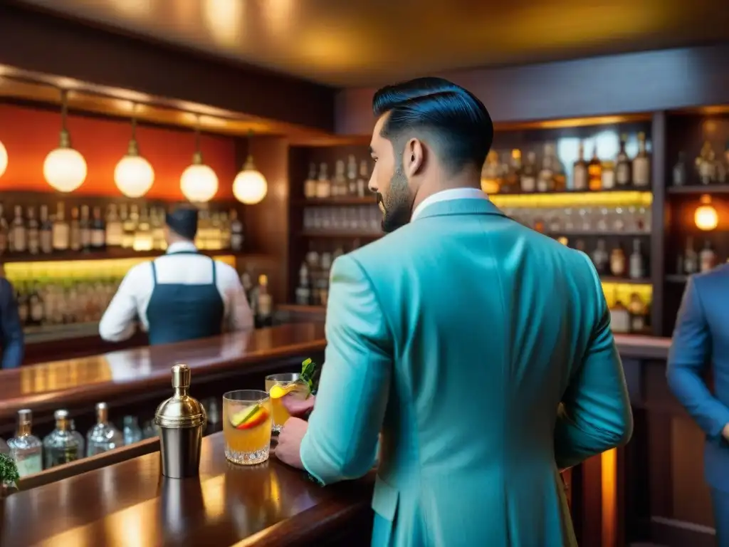 Interior de un bar vintage en San Francisco, con clientes disfrutando del Pisco Punch, evocando la historia del cóctel en la ciudad