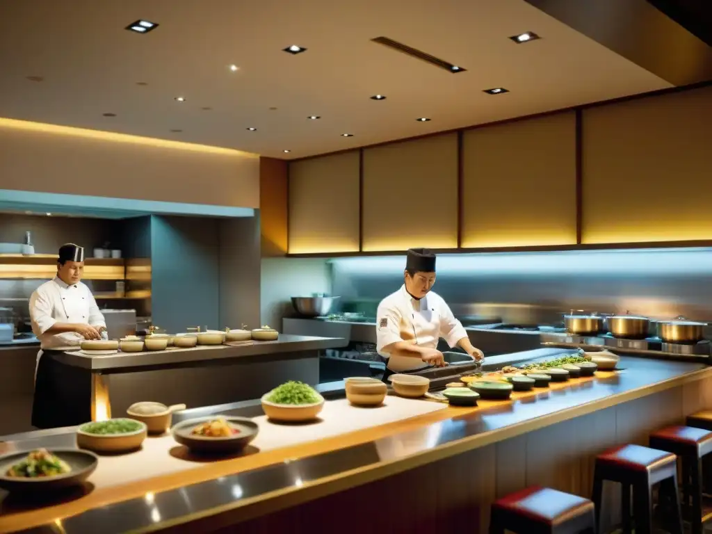 Interior vibrante del restaurante Maido en Lima, Perú, con chefs preparando platos Nikkei mientras comensales disfrutan