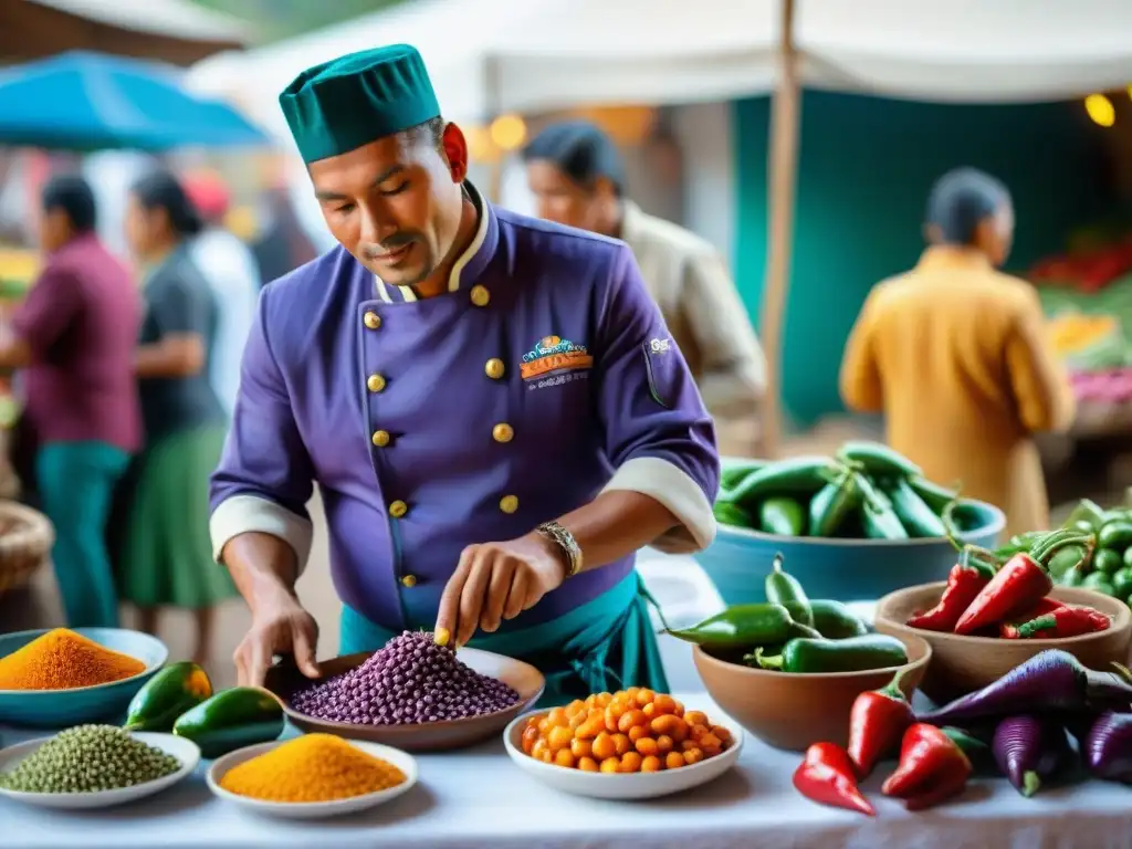 Promoción internacional de la gastronomía peruana: Escena vibrante de mercado en Perú con chef preparando ceviche