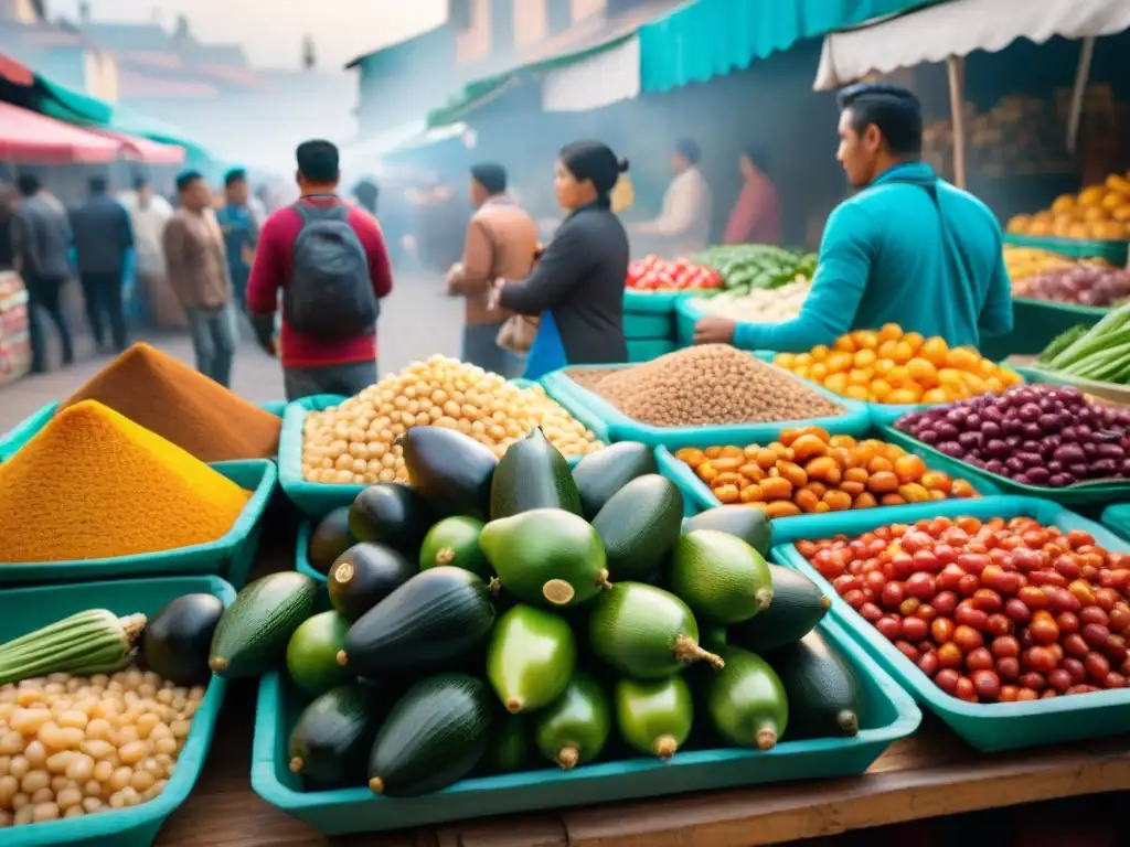 Promoción internacional de la gastronomía peruana: Mercado bullicioso en Lima con frutas, verduras y platos tradicionales coloridos