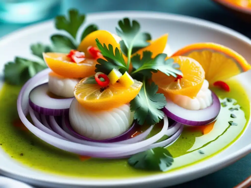 Una interpretación artística de comida peruana: ceviche con colores vibrantes y frescura marina