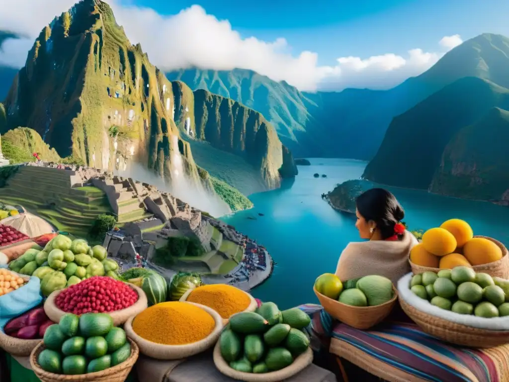 Una interpretación artística de comida peruana en un bullicioso mercado, con colores vibrantes y escena andina de fondo