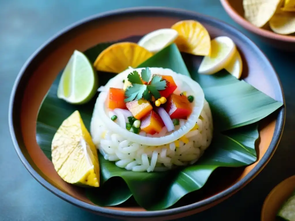 Una interpretación artística de comida peruana: ceviche con pescado fresco, cítricos, maíz y cilantro en un plato de cerámica tradicional peruana