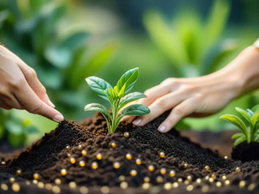 Un jardinero experimentado esparciendo compost sobre plantas de ají en un jardín soleado