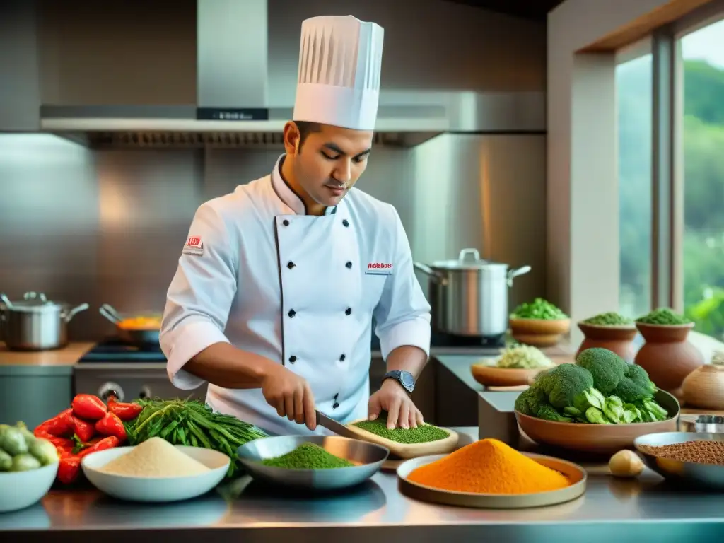 Un joven chef peruano en su cocina, rodeado de ingredientes frescos y utensilios tradicionales, con determinación y pasión en su mirada