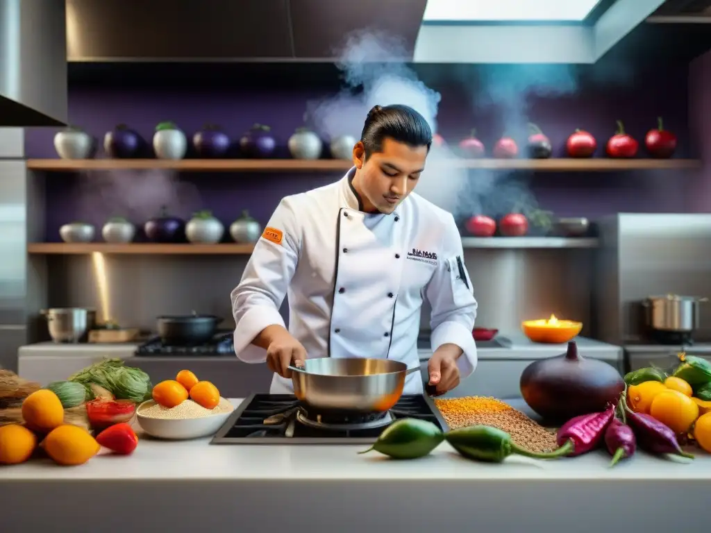 Un joven chef peruano fusiona tradición e innovación en su cocina, rodeado de ingredientes peruanos