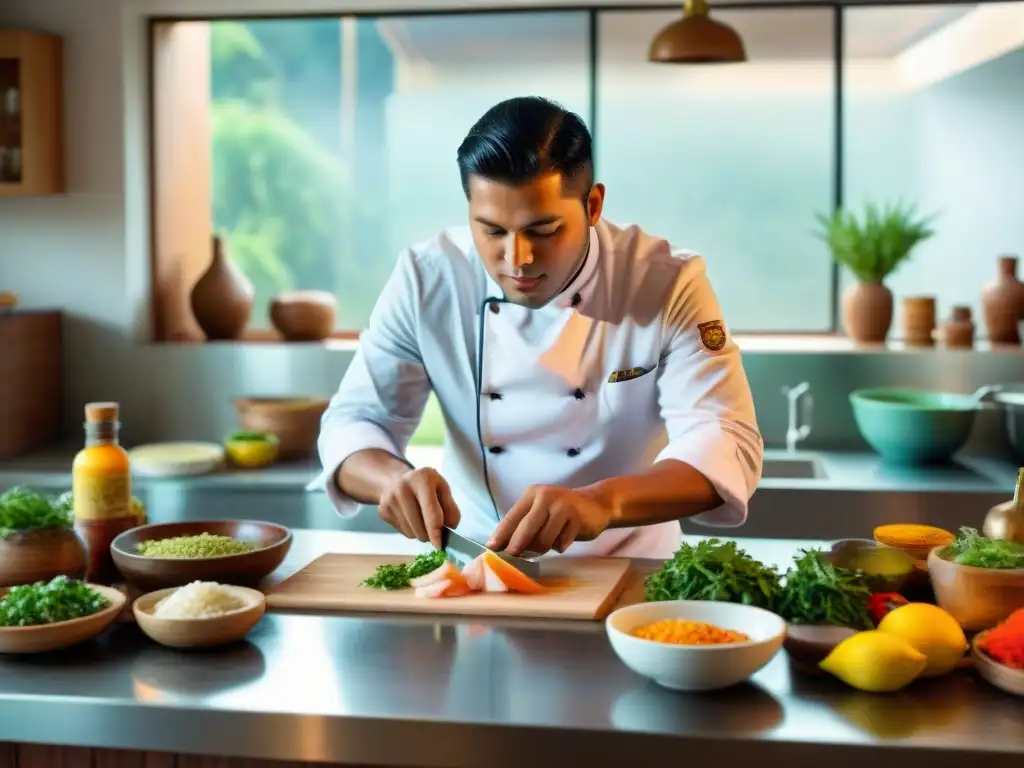 Un joven chef peruano cortando ingredientes para ceviche en una cocina llena de utensilios tradicionales y especias coloridas