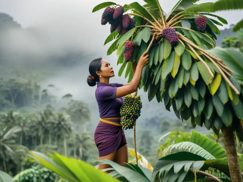 Joven indígena peruana cosechando acai en la selva, destreza y tradición