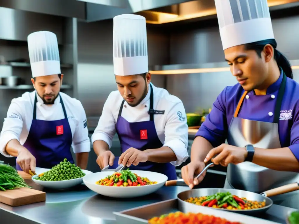 Jóvenes chefs peruanos talentosos preparando platos innovadores en una cocina bulliciosa con ingredientes vibrantes