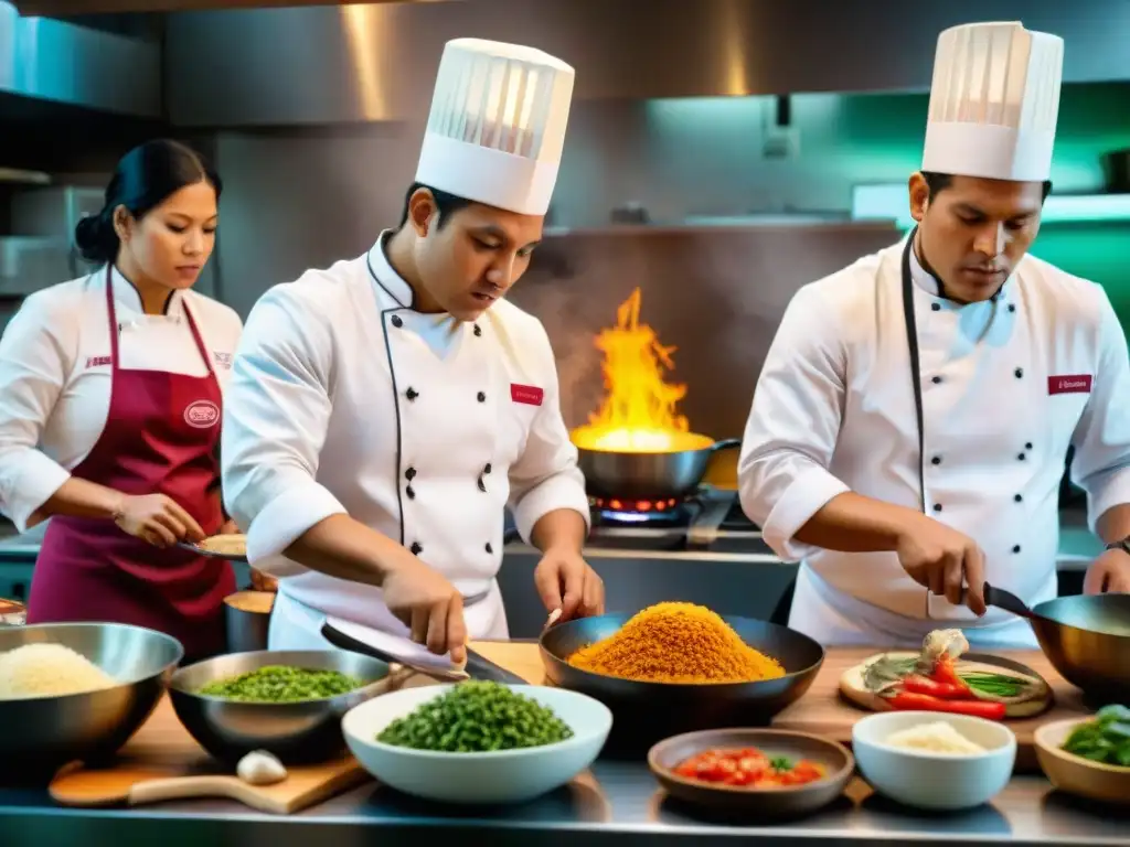 Jóvenes chefs peruanos talentosos crean platos innovadores en una bulliciosa cocina llena de color y tradición