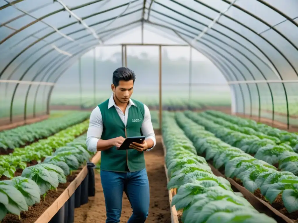 Jóvenes emprendedores peruanos innovando en una invernadero moderno con tecnología agrícola avanzada