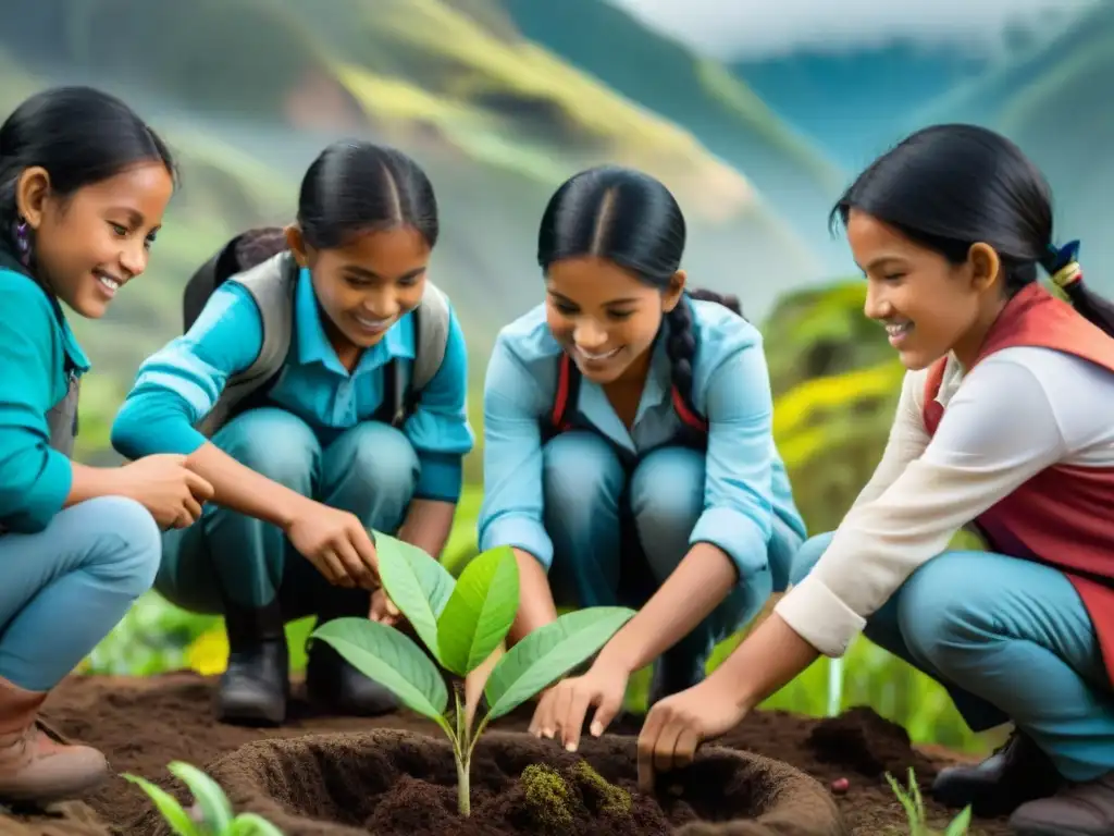 Niños peruanos plantando árboles en comunidad Jóvenes peruanos en acción, plantando árboles nativos en la selva