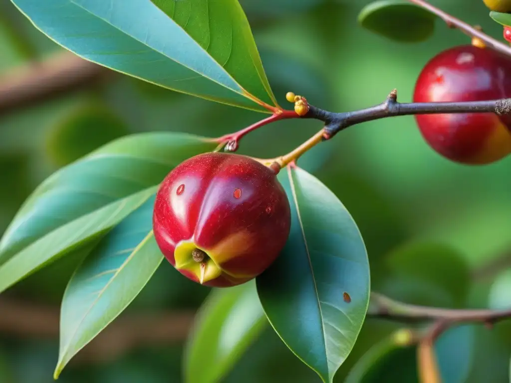 Una joya natural: el vibrante camu camu recién cosechado, con su piel suave y color rosa-rojizo brillante