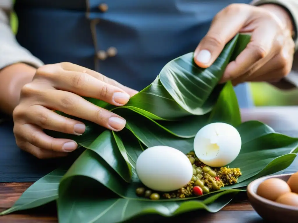 Un Juane peruano tradicional envuelto en hojas de bijao, destacando los colores y texturas de la receta Juane plato tradicional Peru