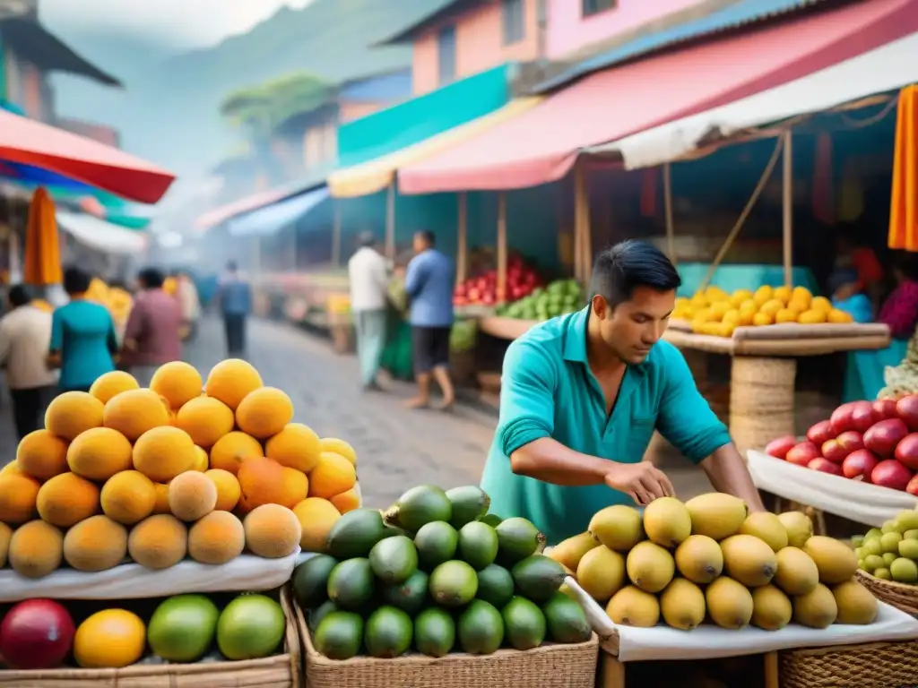 Disfruta de jugos naturales peruanos con frutas exóticas en un bullicioso mercado lleno de color y tradición