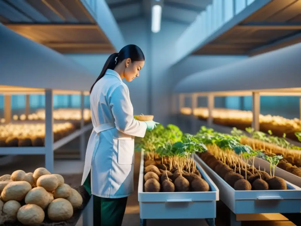 Un laboratorio de conservación moderno para maca, con raíces vibrantes en contenedores etiquetados