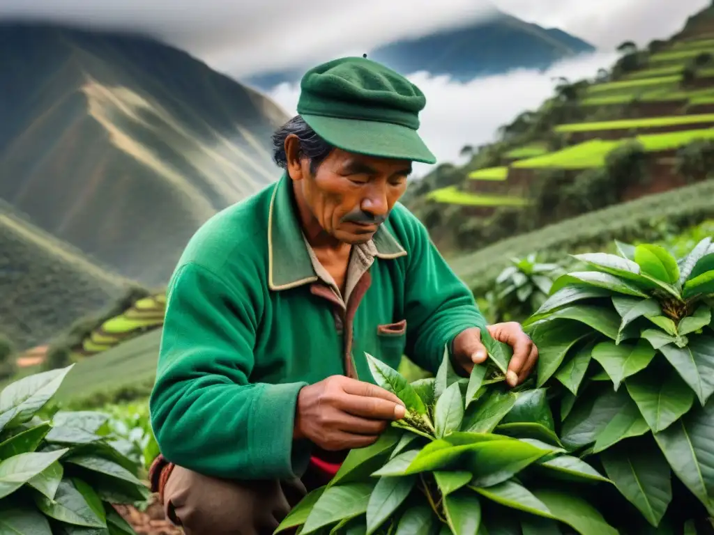 Un labriego andino cosechando hojas de coca en la montaña, destacando los beneficios del mate de coca