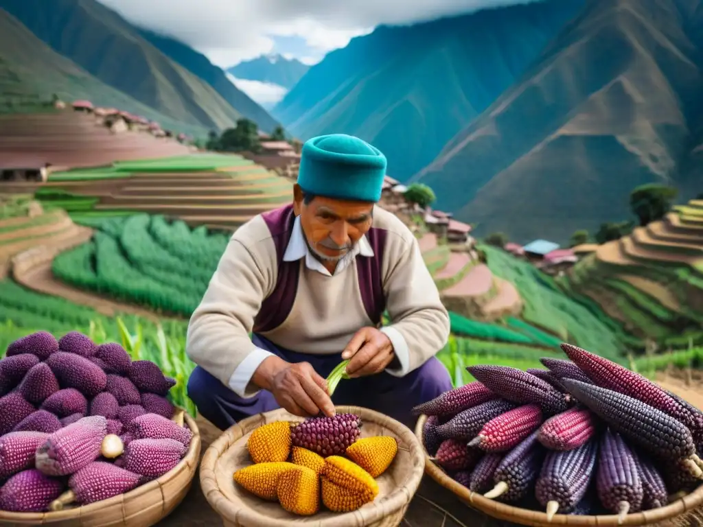 Un labriego peruano cosecha maíz morado en los Andes