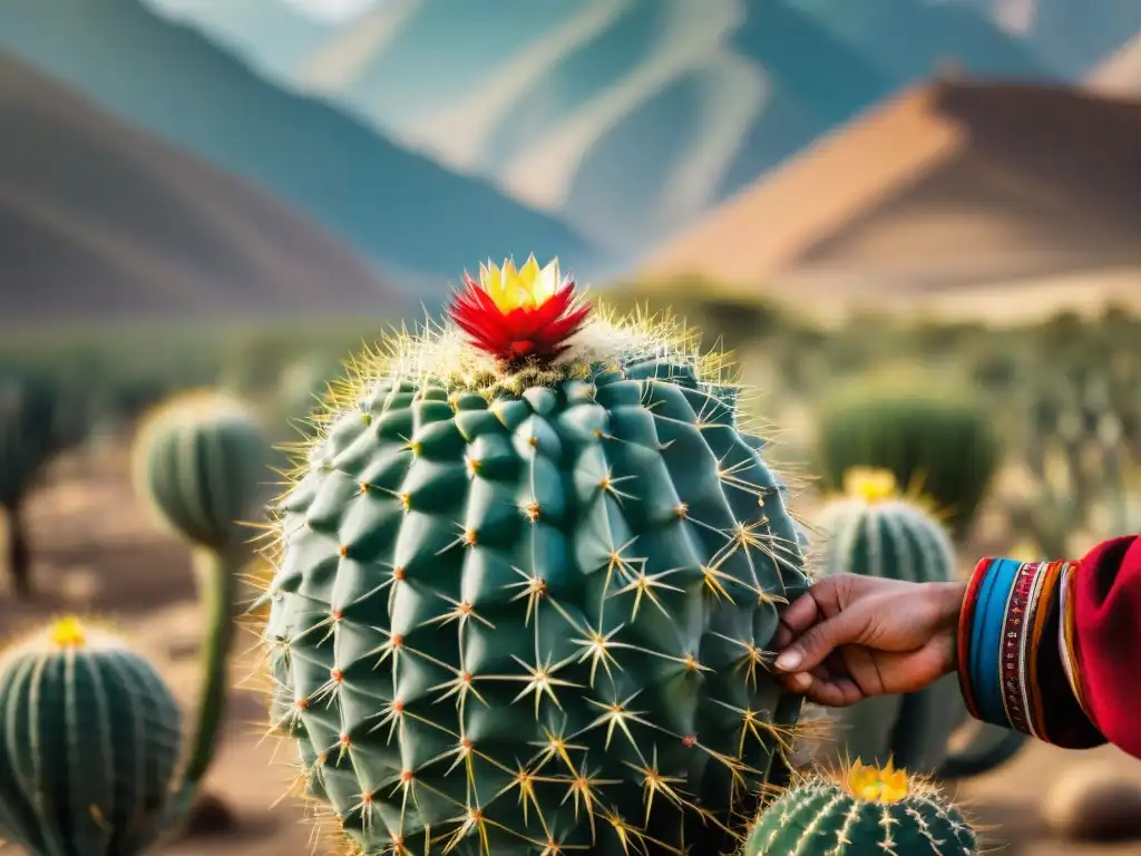 Un labriego peruano cosechando tunas en el desierto, preservando los sabores del desierto peruano con tunas