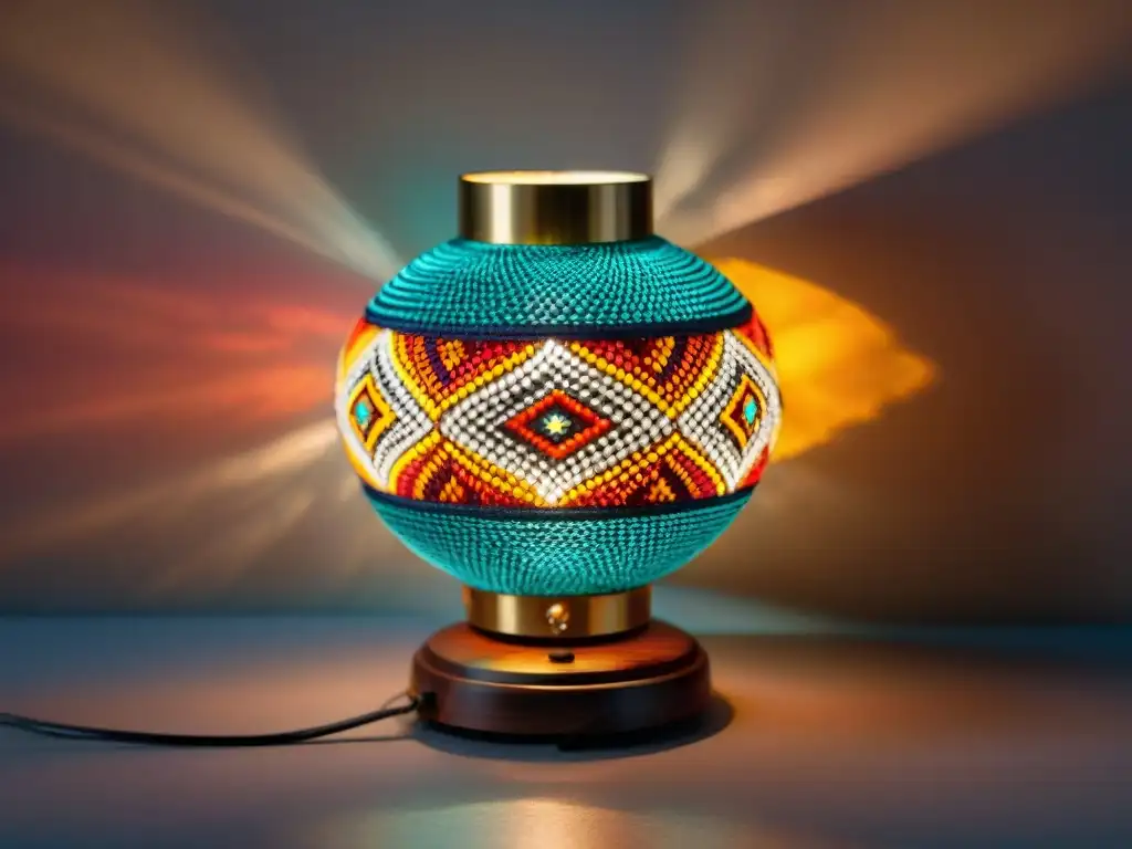 Esplendor artesanal: lámpara peruana iluminada Una lámpara inspirada en las fiestas peruanas brilla con patrones coloridos y detalles artesanales, creando un juego de luces y sombras festivo