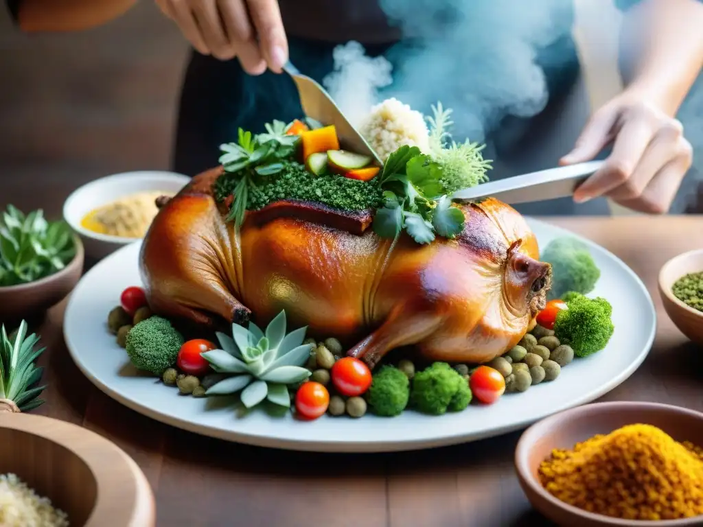 Preparar Lechón Peruano en Casa: Detallada imagen de relleno cuidadoso en un lechón, con colores vibrantes y sabores auténticos