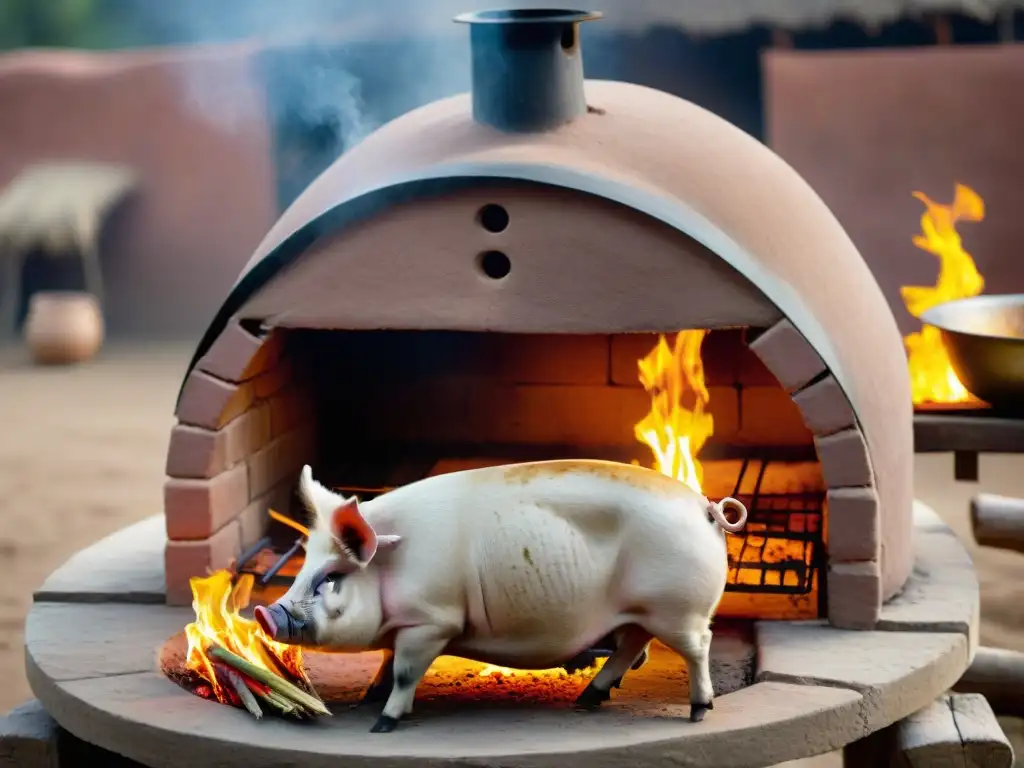 Cocinando un lechón peruano en un cilindro de adobe en casa