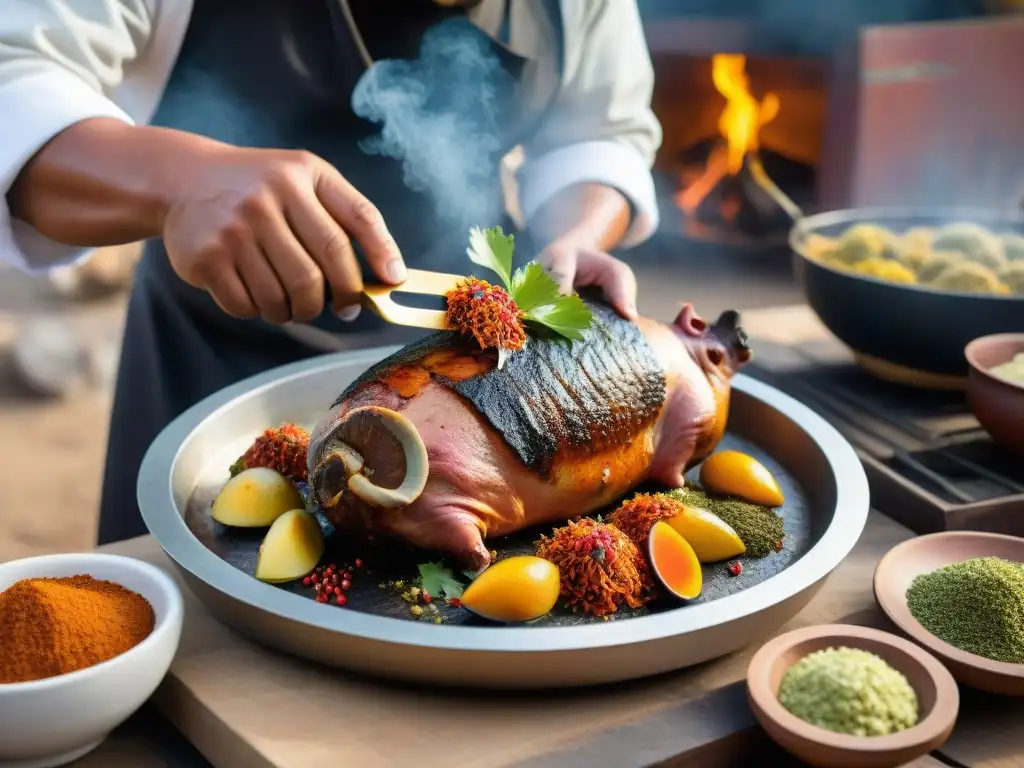 Preparar Lechón Peruano en Casa: Chef tradicional adobando lechón con achiote y especias, en cocina rústica