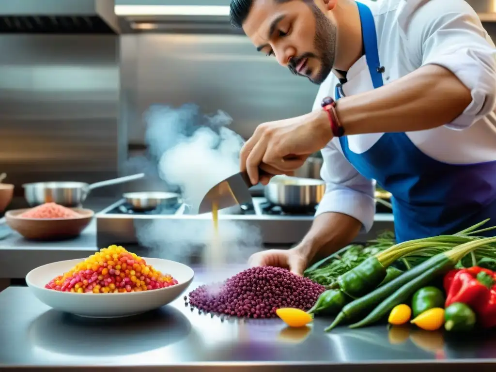 'Legado chef Ivan Kisic cocina peruana: Chef concentrado en cocina, preparando ceviche con ingredientes peruanos coloridos