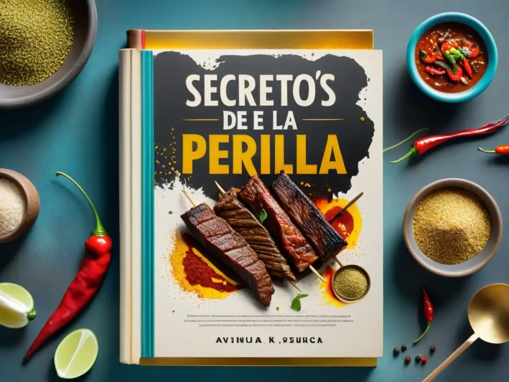 Un libro de cocina peruana con notas manuscritas y manchas de especias, mostrando anticuchos en la parrilla