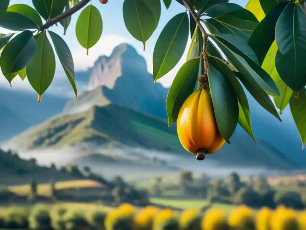 Una lúcuma vibrante cuelga de un árbol en un exuberante huerto peruano, con el sol iluminando su piel texturizada